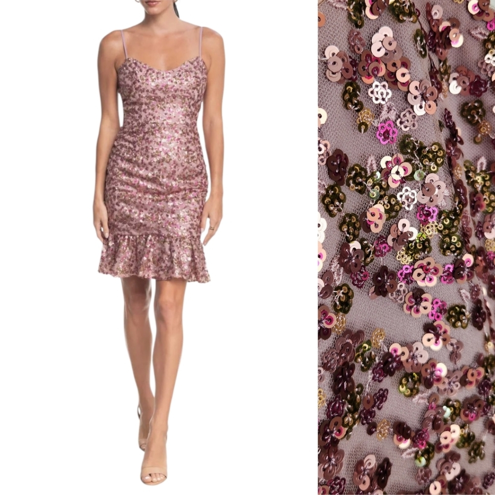 Dress the Population Kaya Blush Pink Floral Sequin Mini Dress Size Large